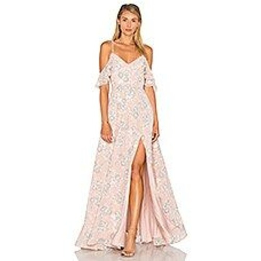 Lovers + Friends Pink Floral Cold‎ Shoulder Maxi Dress V-Neck Ruffle Gown Slit